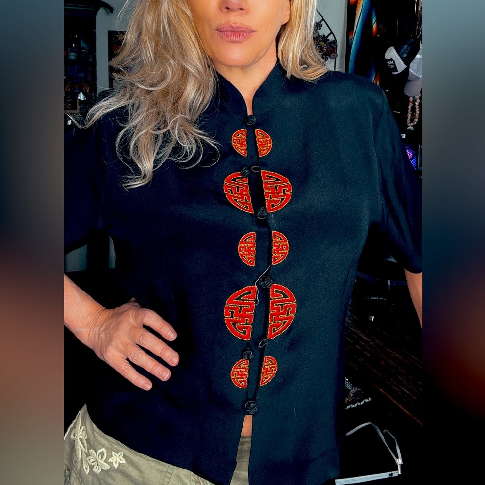 Black Embroidered Women's Silk Top